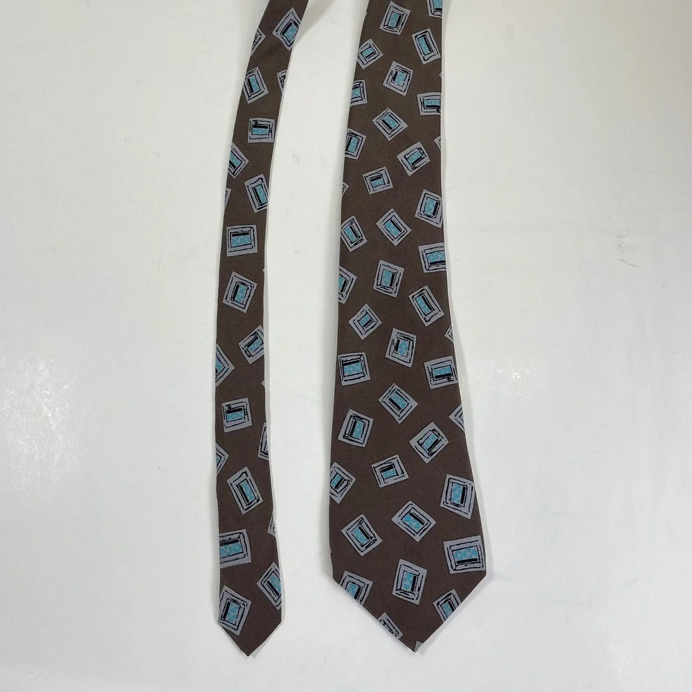 Vintage Oakton Ltd Silk Necktie Tie Mens Brown Geometric Abstract 80s New Wave